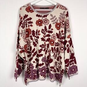 Gudrun Sjoden Bunge Sweater Organic Cotton Floral Fox Print Lagenlook Size XXL